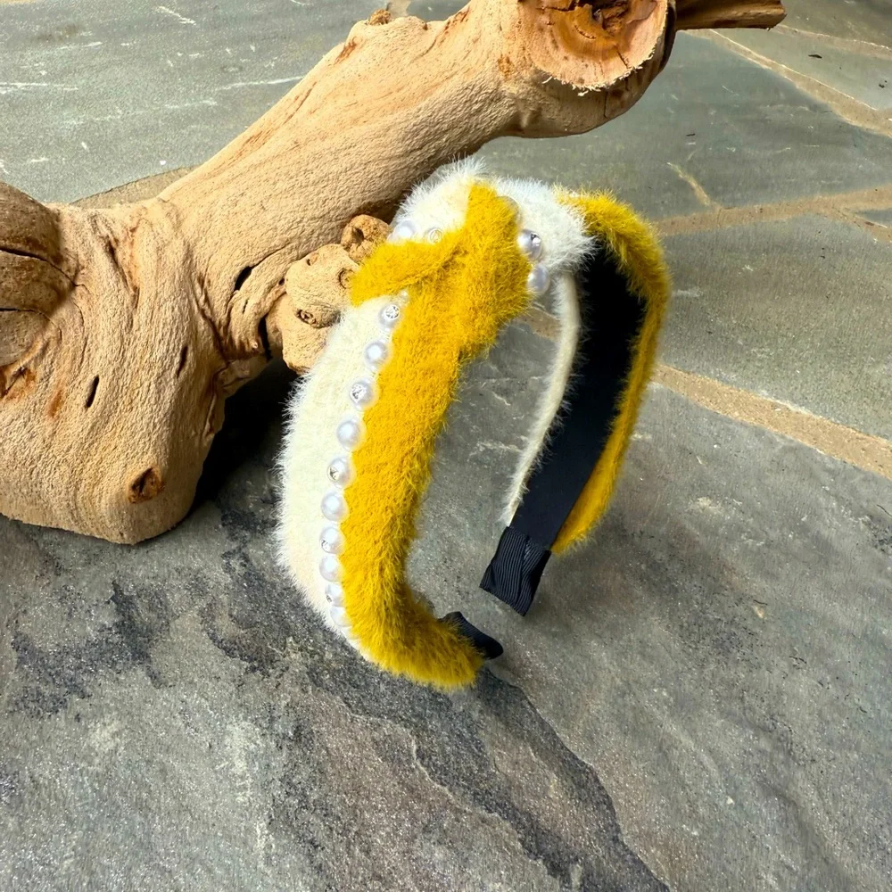 New🌟Anthropologie- Yellow and White Fuzzy Headband with Pearls